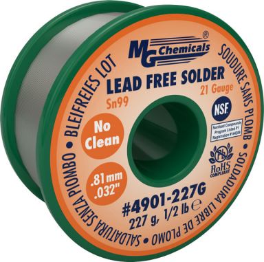 Sn99 LF, NC,  0.032", 21 Gauge, 99.3% tin and 0.7% copper, 1/2 lb (227 g) Spool, Lead-Free Solder Wi