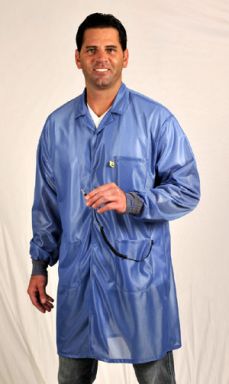 Traditional Lab Coat w/ESD grid-knit cuffs, OFX-100 fabric, knee-length coat, Blue, 3pockets