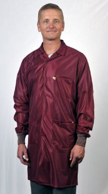 Traditional Lab Coat w/ESD grid-knit cuffs, OFX-100 fabric, knee-length coat, Burgundy, 3pockets