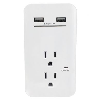 2 Outlet Power Tap - 450J Surge Protection, 2 Fast Charge USB Port - White