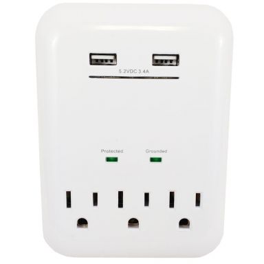 3 Outlet Power Tap - 950J Surge Protection, 2 Fast Charge USB Port - White