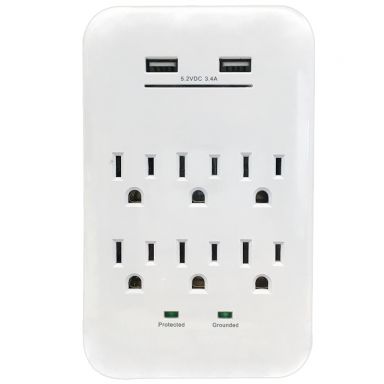 6 Outlet Power Tap - 1200J Surge Protection, 2 Fast Charge USB Port - White
