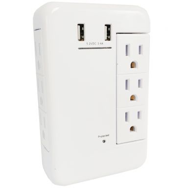 6 Outlet Swivel Power Tap -1200J Surge Protection, 2 Fast Charge USB Ports - White