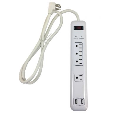 4 Outlet Surge Protector -1200J, 4 ft Cord, Down Angle Plug, 2 USB Charging Ports - White