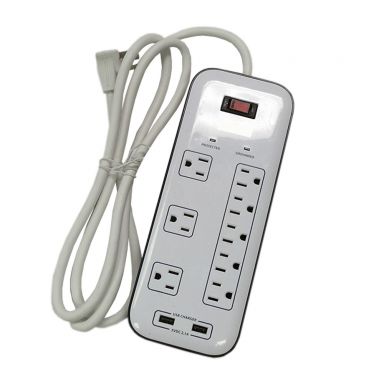 8 Outlet Surge Protector -2400J, 6 ft Cord, Down Angle Plug, 2 USB Charging Ports - White