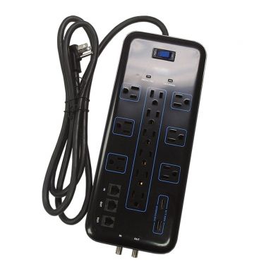 12 Outlet Surge Protector -4200J, 6 ft Cord, Down Angle Plug, 2 USB Charging Ports - Black