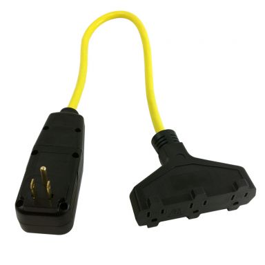 2 ft 5-15P GFCI Plug to Triple Tap 5-15R Adapter - 12 awg - SJTW - Yellow - 2 ft