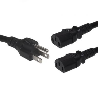 Nema 5-15P to 2X IEC C13 Power Splitter Cable - SJT -1 ft - 16 awg