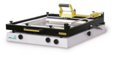 Cost effective manual stencil printer compatible with standard frames covering a 16"x18" print area