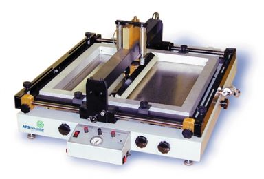 Cost effective automatic stencil printer compatible with standard frames covering a 16"x18"print are