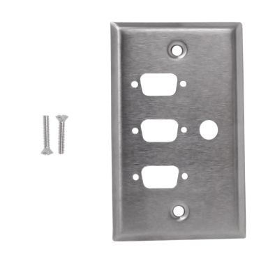 Single Gang, 3 X DB9 Size Cut Out, 1 X 3/8 Inch Hole Stainless Steel Wall Plate